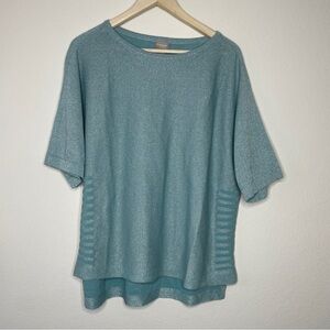 Chico’s Blue Metallic Silver Short Sleeve Knit Blouse